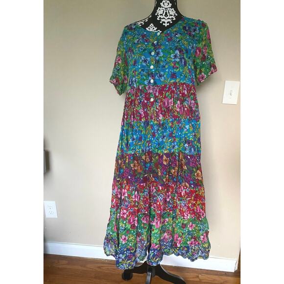 La Cera Women's Floral Crinkle Dress 100% Cotton Colorful Layered Midi Sz Small - Picture 1 of 4